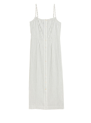 Linen Blend Striped Square Neck Midi Dress