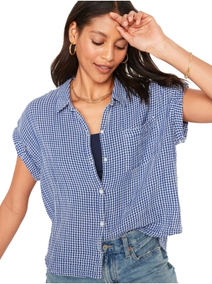 Short-Sleeve Oversized Cropped Crinkled Gingham Shirt for Women