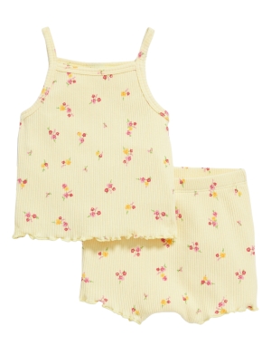 Printed Rib-Knit Lettuce-Edge Cami & Shorts Set for Baby
