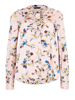 Satin Floral Tie Neck Ruffle Blouse