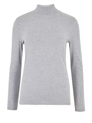 Cotton Funnel Neck Fitted Long Sleeve Top