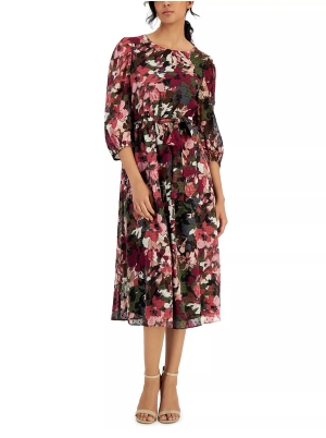 Puff-Sleeve Floral-Print Midi Dress