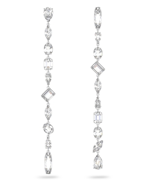 Gema drop earrings, Asymmetrical design, Mixed cuts, Extra long, White, Rhodium plated