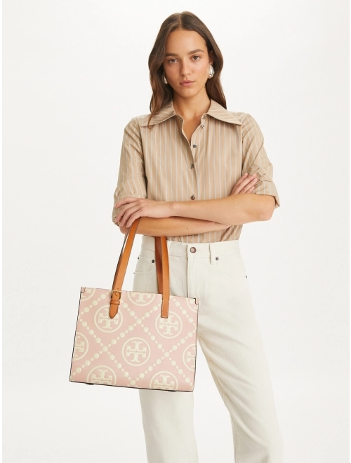 T Monogram Contrast Embossed Small Tote